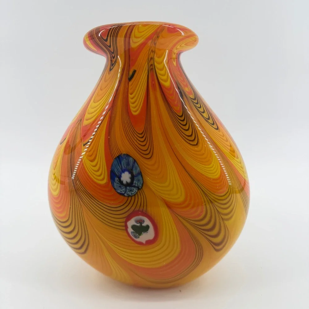 Vintage Murano Toso Style Italian Millefiori Ribbon Swirl Hand Blown Vase